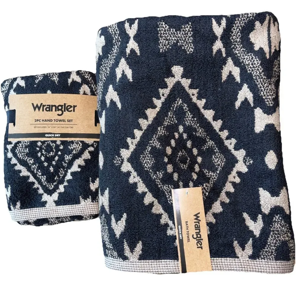 Wrangler Buck Aztec Black Tan Western Cowboy 2 Bath & 2 Hand Towel Set New